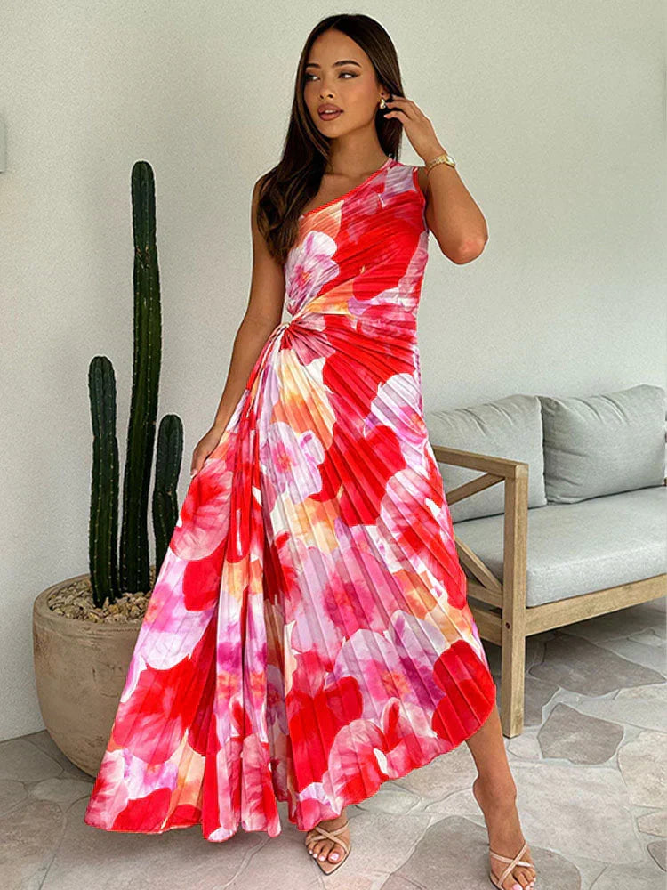 Stylish women's red floral pleated maxi dress, long & elegant for special occasions.