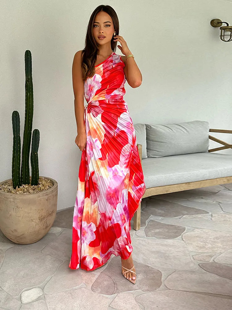 Women's red floral pleated maxi dress, a stunning long dress for wedding guests.