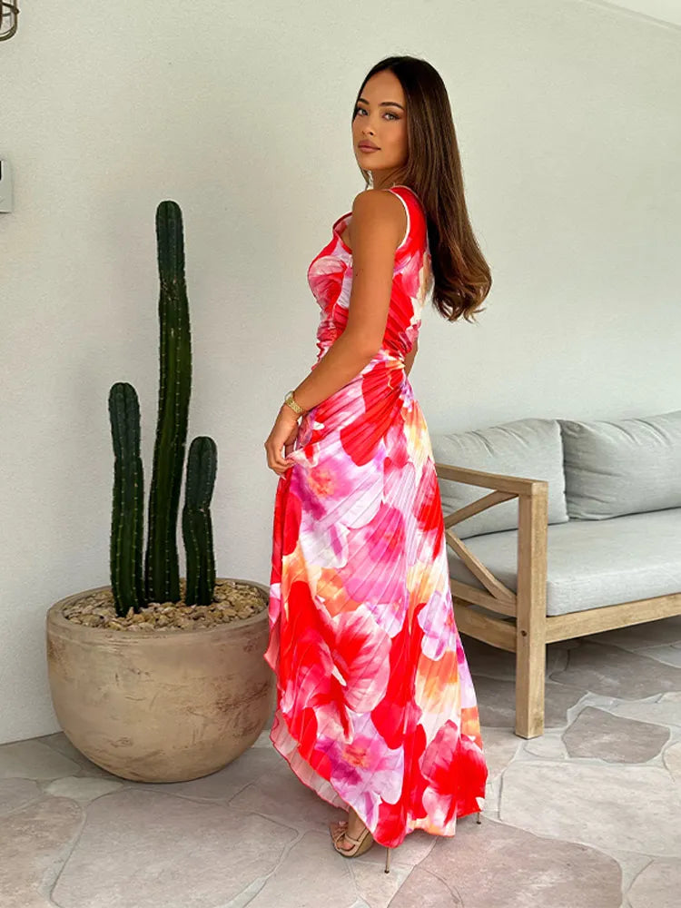 Chic red floral pleated maxi dress for women, ideal for formal events & evening wear.