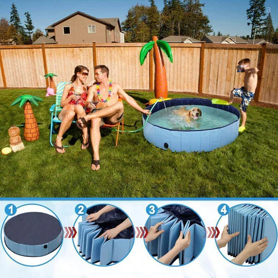 Blue foldable dog pool for backyard water play, essential for pet supplies