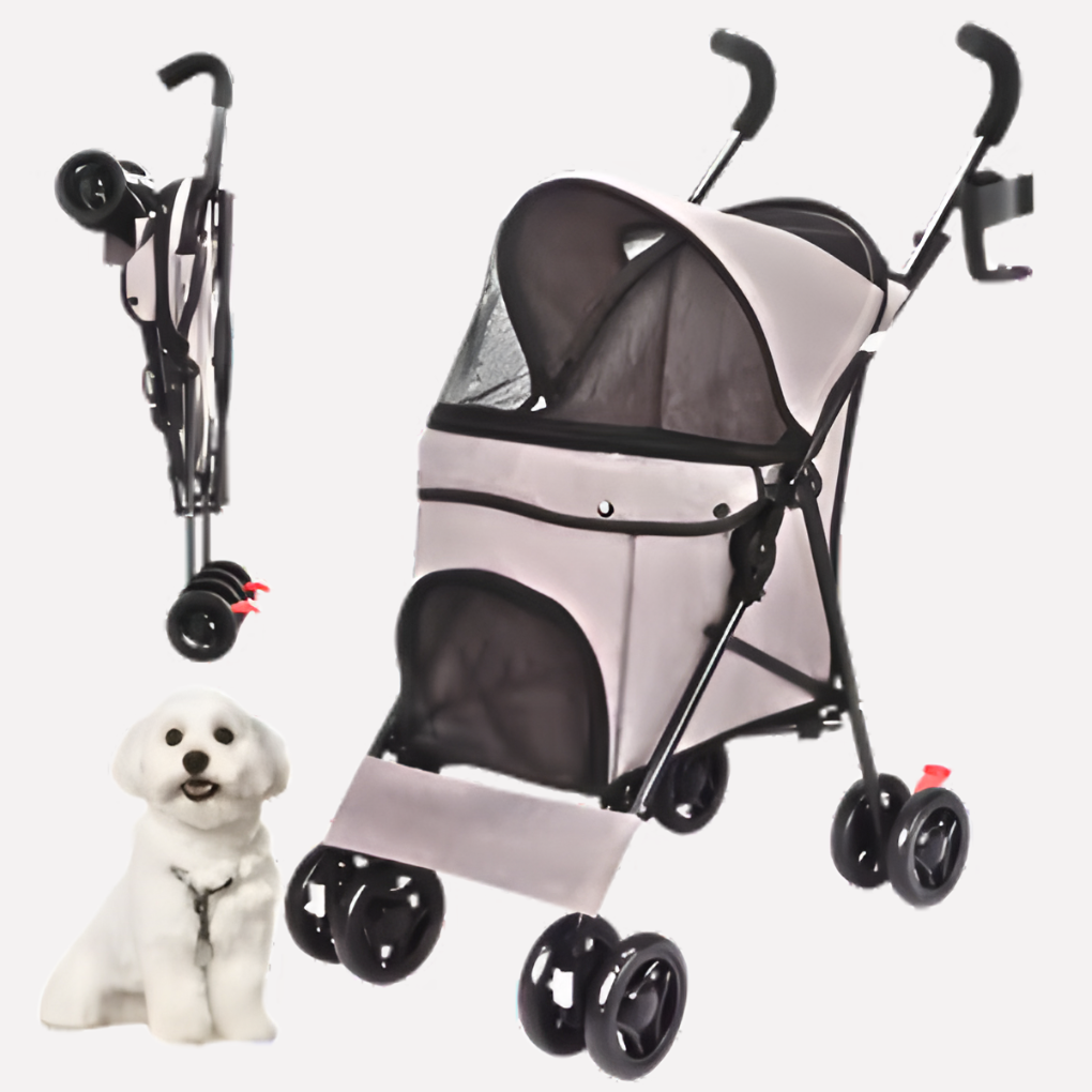 Grey pet carrier stroller, foldable for small dogs & cats, pet travel gear with canopy & storage.