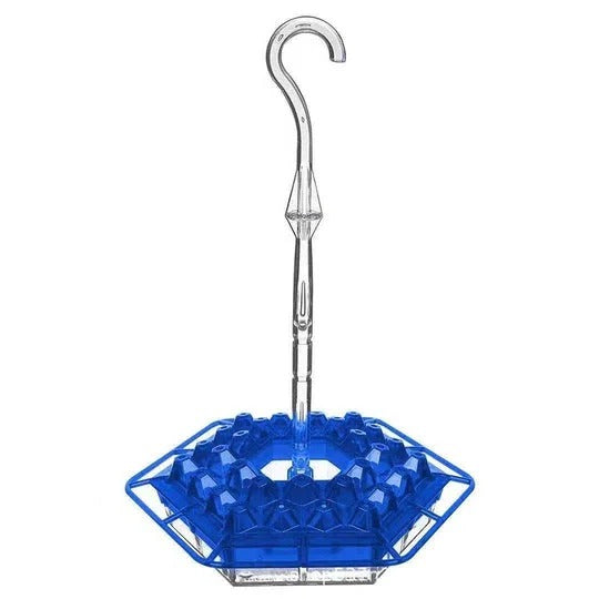 Close-up of a hummingbird feeder with integrated ant moat and a wraparound perch for birds