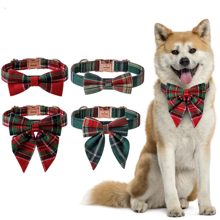 Adjustable pet collar featuring a cheerful red and green plaid design and festive bow tie for dogs.
