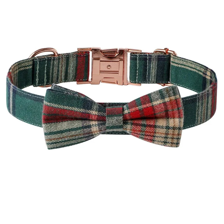 Festive bow tie & checkered dog collar, a cute and adjustable pet accessory for Christmas.