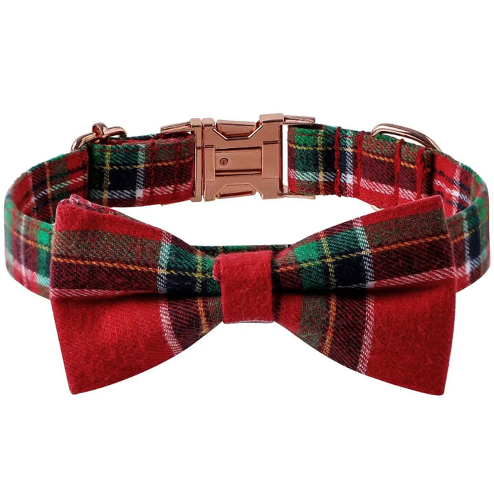Dog collar with red/green plaid and festive bow tie, perfect for holiday pet fashion and accessories.
