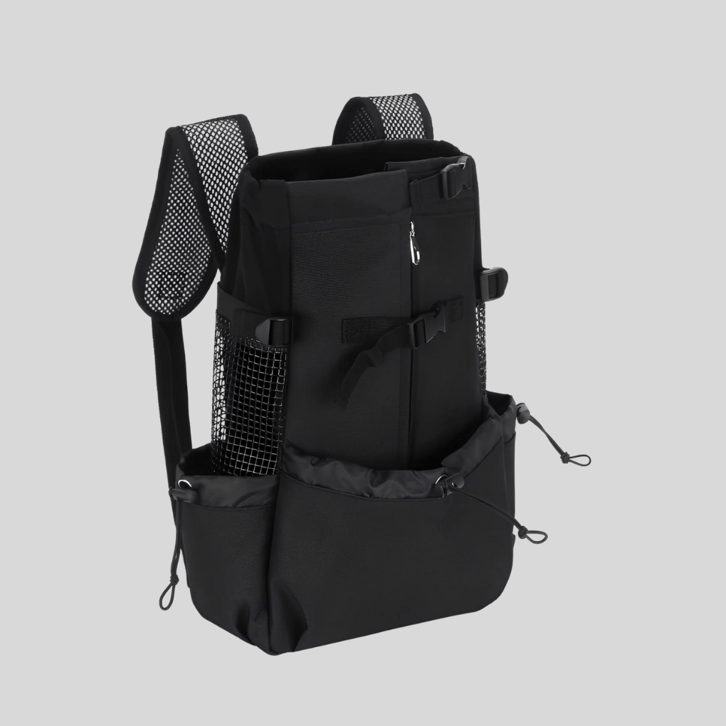 Compact pet travel backpack in gray, designed for small dogs and cats, emphasizing safety and comfort