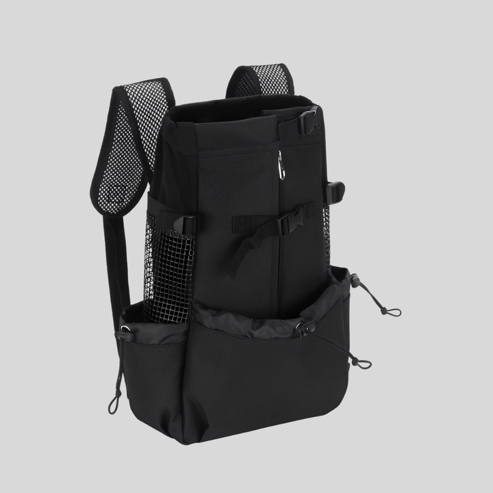 Compact pet travel backpack in gray, designed for small dogs and cats, emphasizing safety and comfort