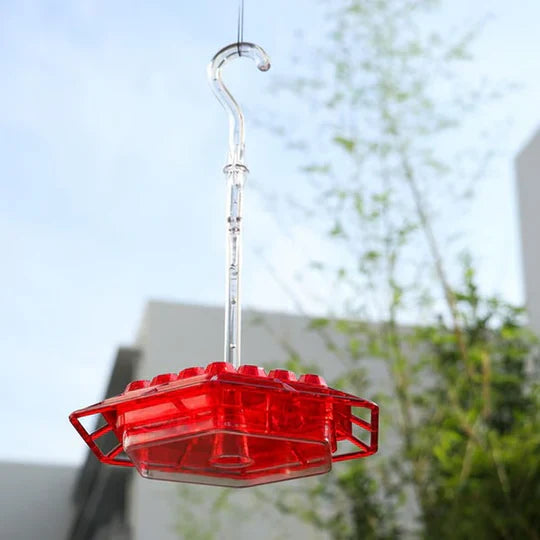 Close-up of a red hummingbird feeder with ant moat and perch, attracting garden birds