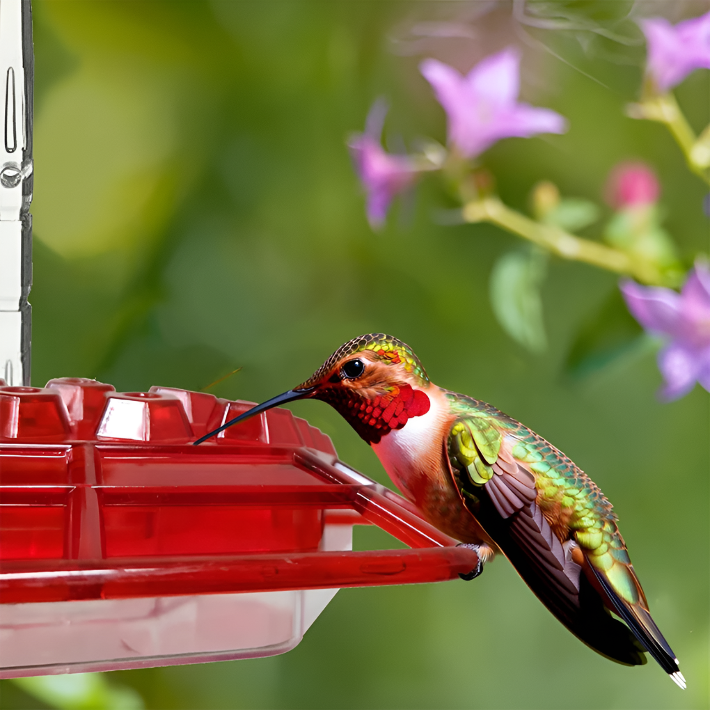 Red hummingbird feeder with ant moat & bee deterrent for pest-free backyard bird feeding.