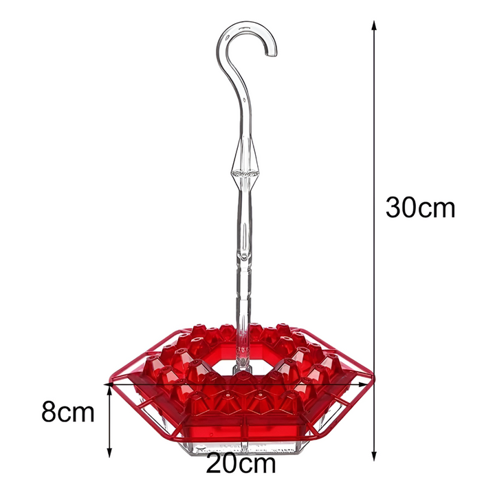 Modern red hummingbird feeder with ant moat & bee deterrent. Attracts backyard birds; enhances garden decor.