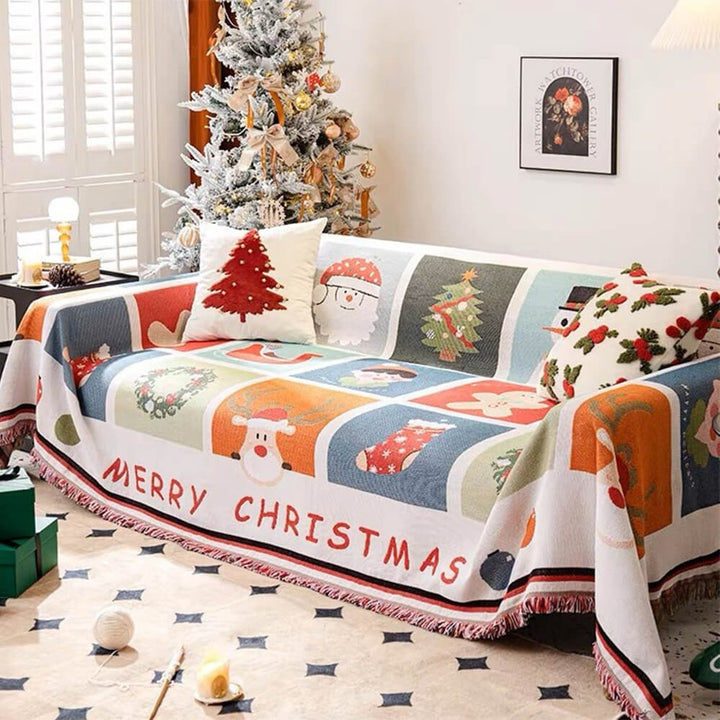 Red Jacquard knit sofa cover throw with Christmas patterns, festive holiday decor