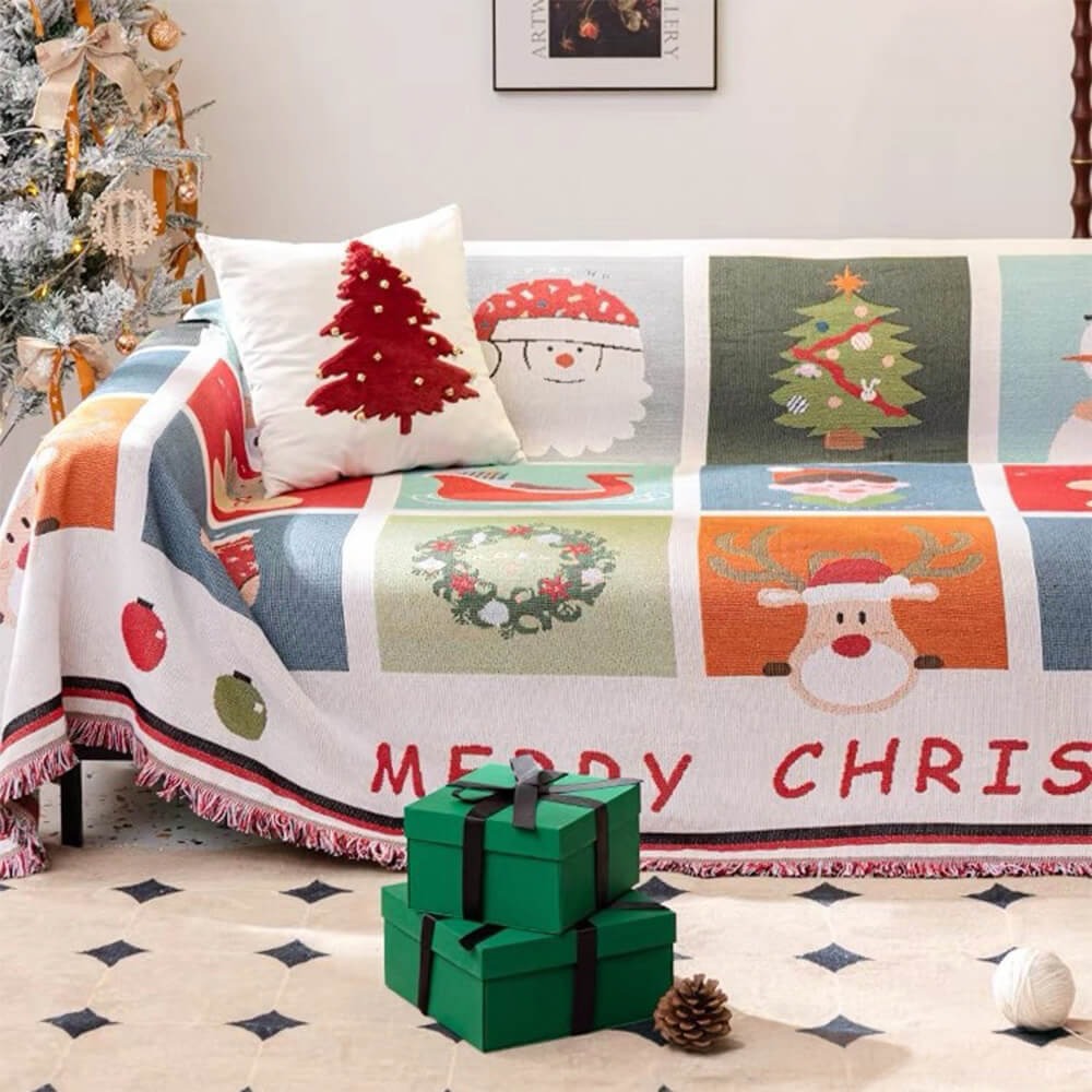 Close-up of intricate Jacquard knit Christmas sofa cover, a cozy winter blanket