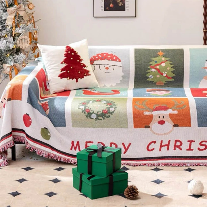 Close-up of intricate Jacquard knit Christmas sofa cover, a cozy winter blanket