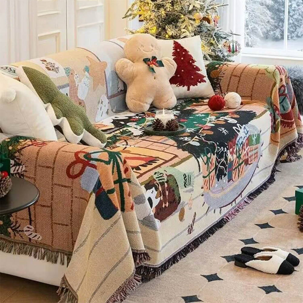 Christmas-themed Jacquard knit sofa cover draped over a couch, festive home decor