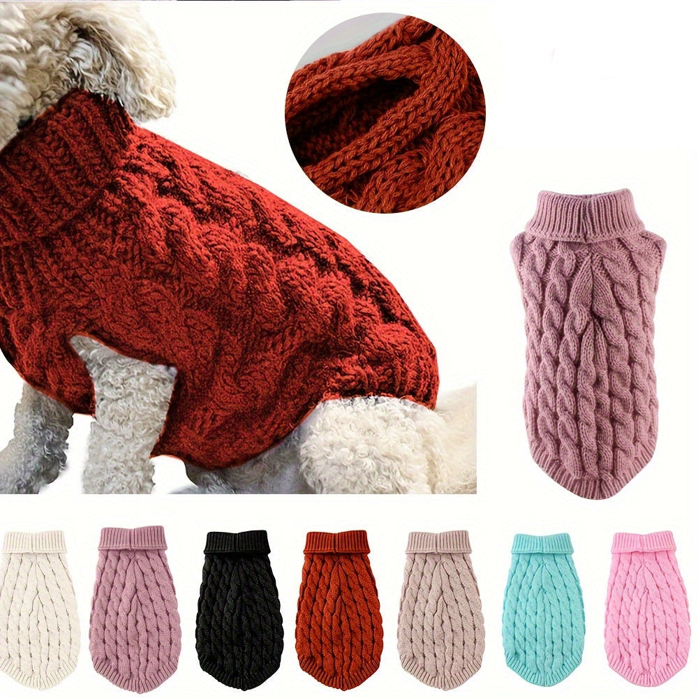 Red knit dog sweater for small & medium breeds, warm acrylic pet pullover with ribbed trim.