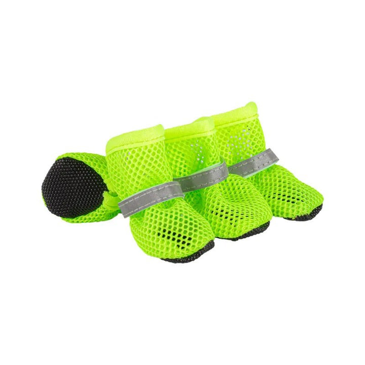 Collection of colorful paw protection dog shoes for small & medium breeds, arranged neatly for pet footwear display.