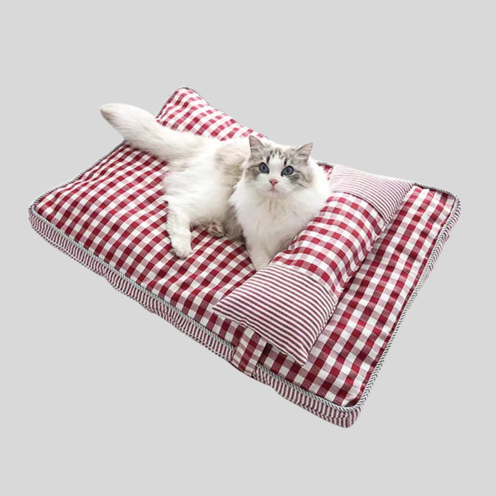 Red plaid comfort pet bed kennel for dogs and cats, cozy rectangular design, soft pet furniture