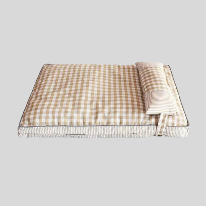 Cozy pet bed kennel in red plaid for dogs and cats, soft home pet furniture interior