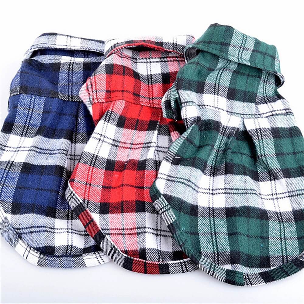 Red plaid cotton button-up dog shirt for stylish pets, comfortable and casual pet apparel