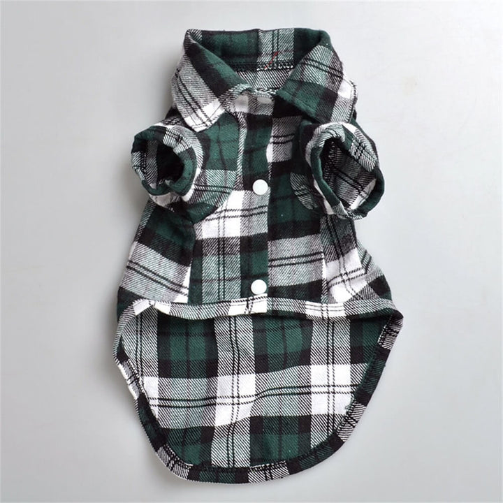 Dog wearing a yellow plaid button-up shirt, perfect casual pet wear for any occasion