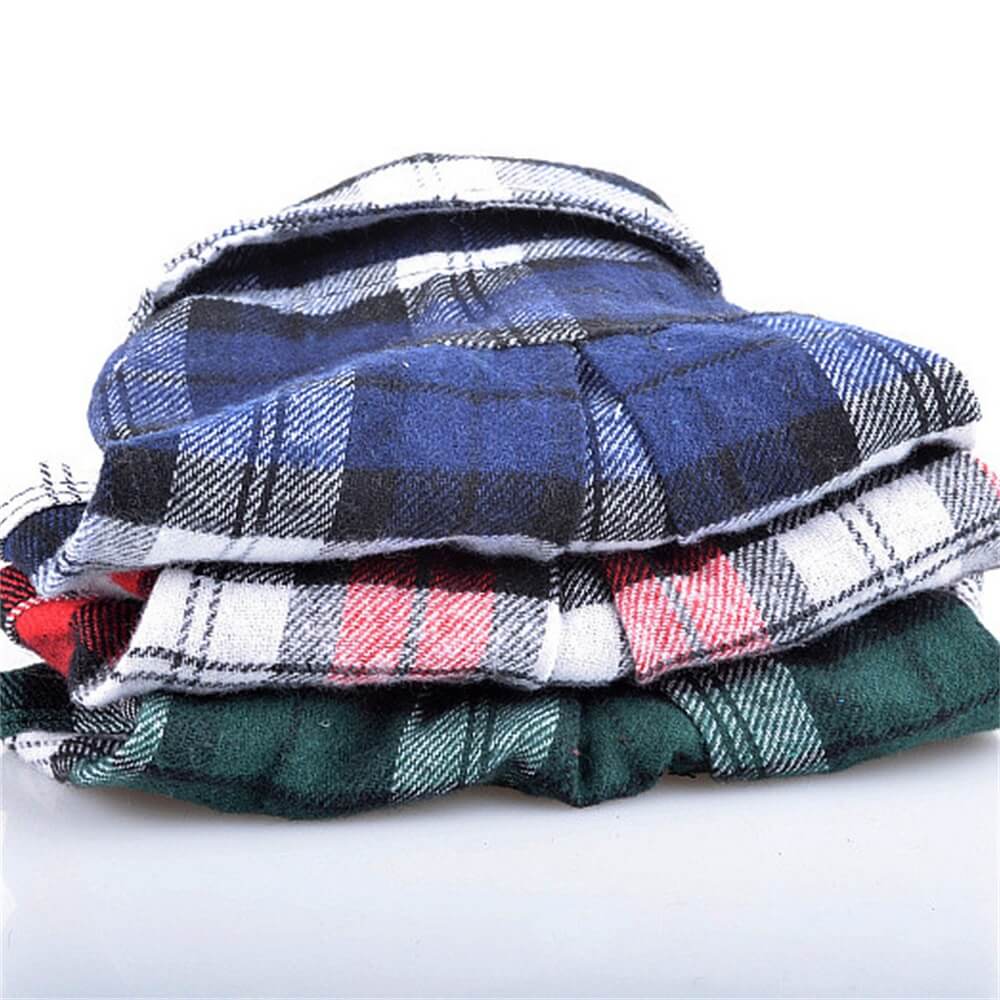 Collection of various colored plaid cotton dog shirts, button-up pet apparel variety