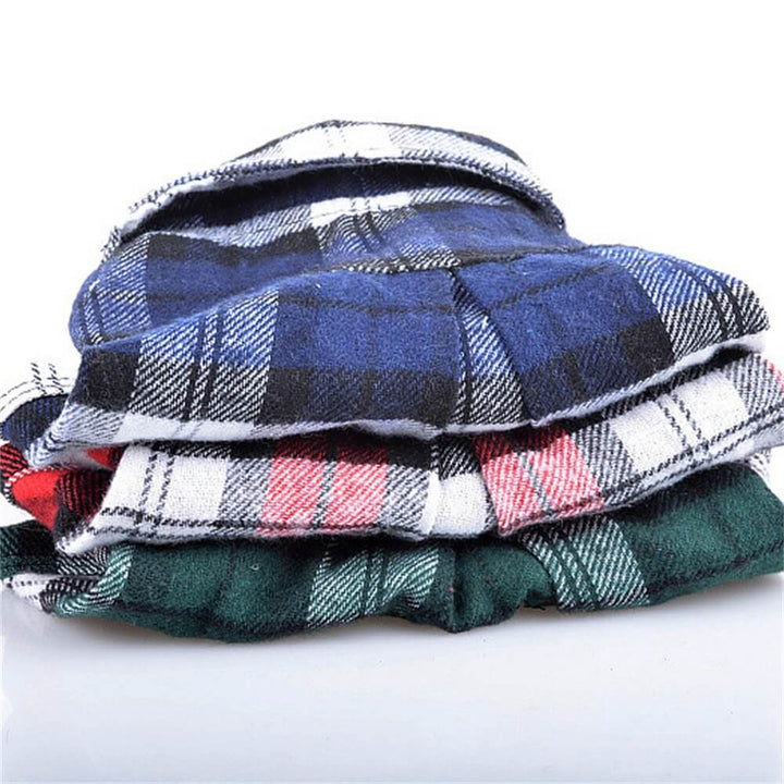 Collection of various colored plaid cotton dog shirts, button-up pet apparel variety