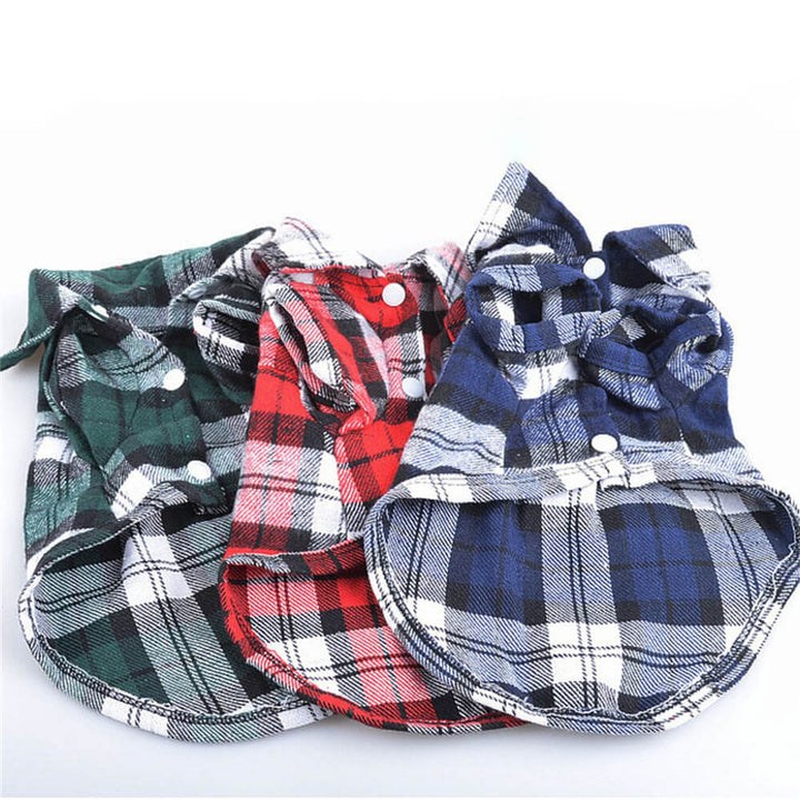 Comfortable pet apparel: orange plaid button-up dog shirt, ideal for daily casual wear