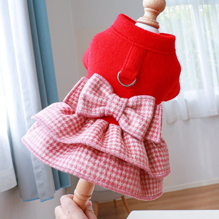 Red plaid dog dress harness, perfect for small dogs like French Bulldogs, with a cute bow.