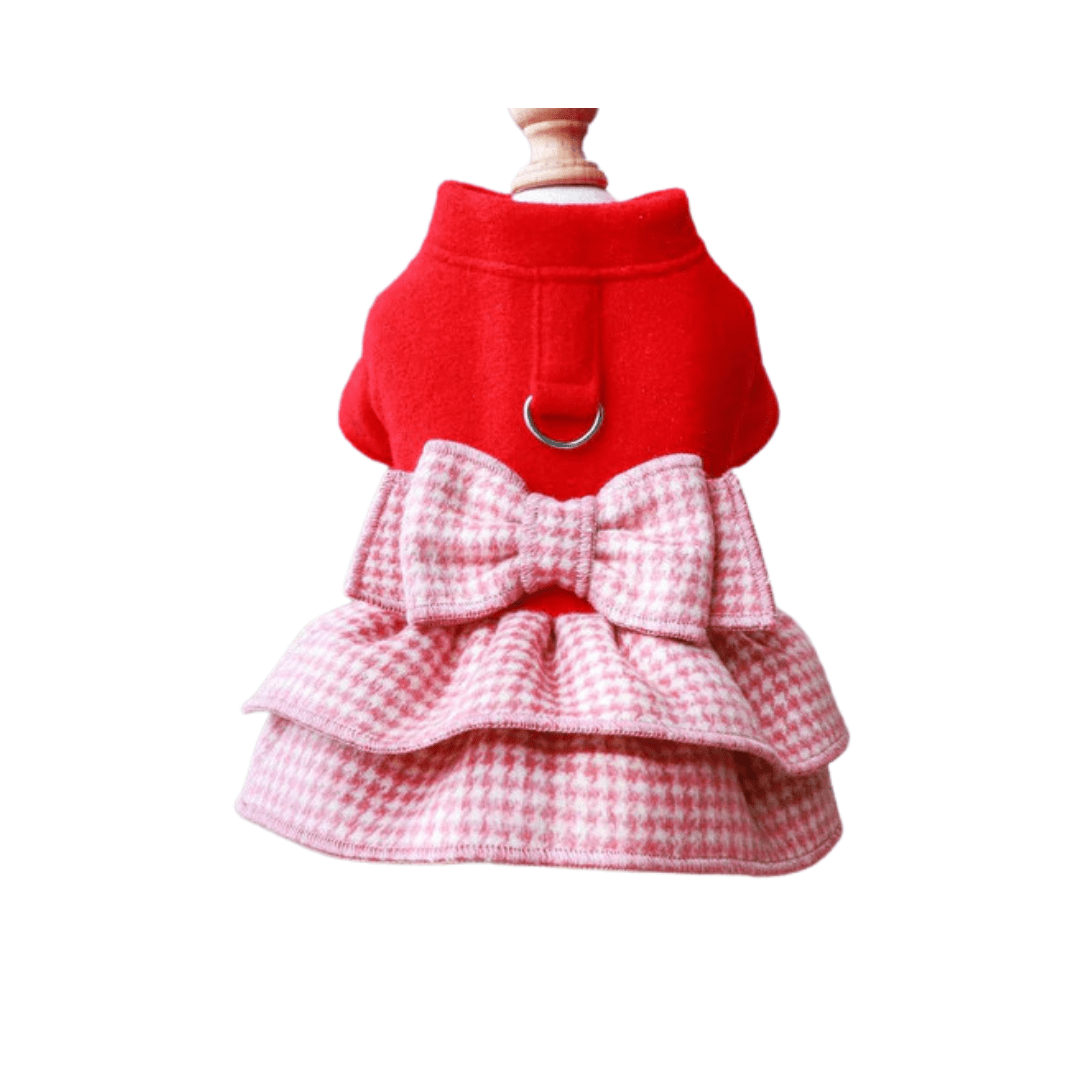 Small dog red plaid dress harness, ideal for winter dog fashion and cozy pet clothing.
