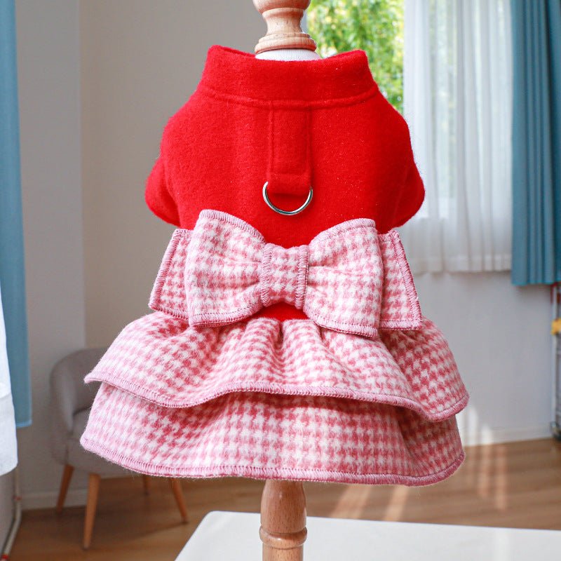 Pet dog dress harness in red plaid, combining style and safety for small dog apparel.