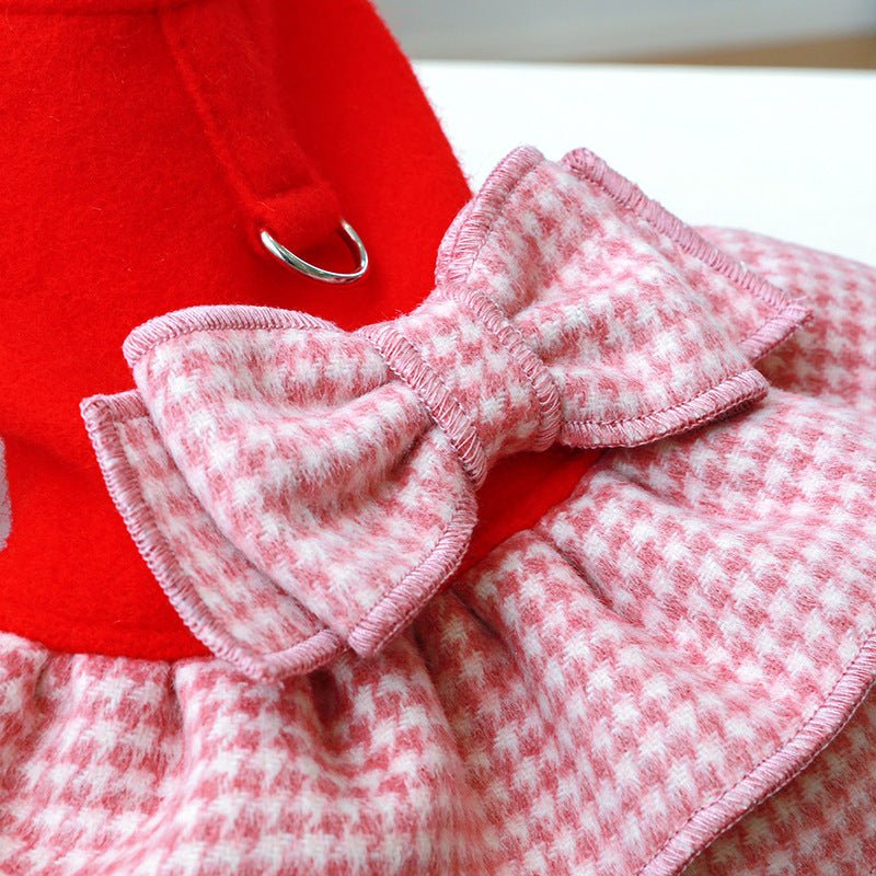 Winter-ready red plaid dog harness dress, ensuring your small dog is warm and chic.