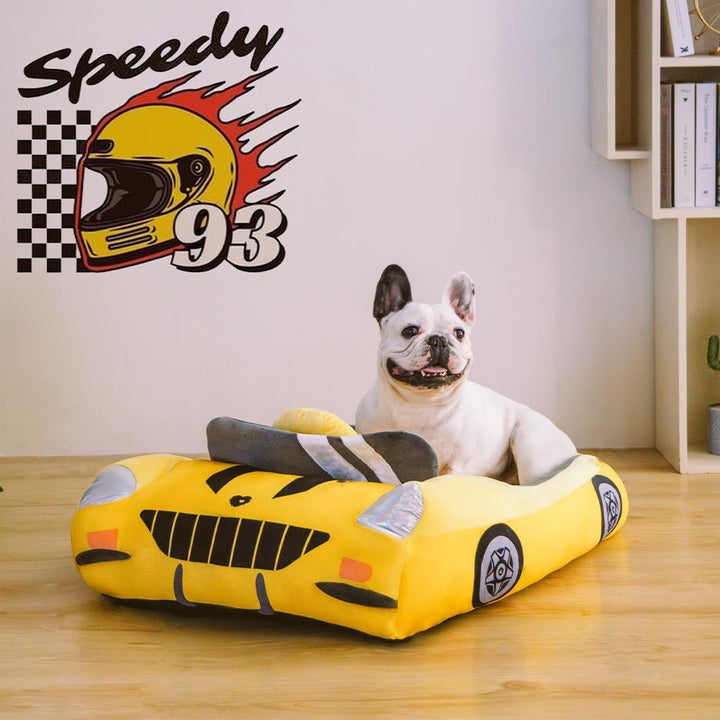 Red race car pet bed for small dogs, a unique and soft bolster bed design.