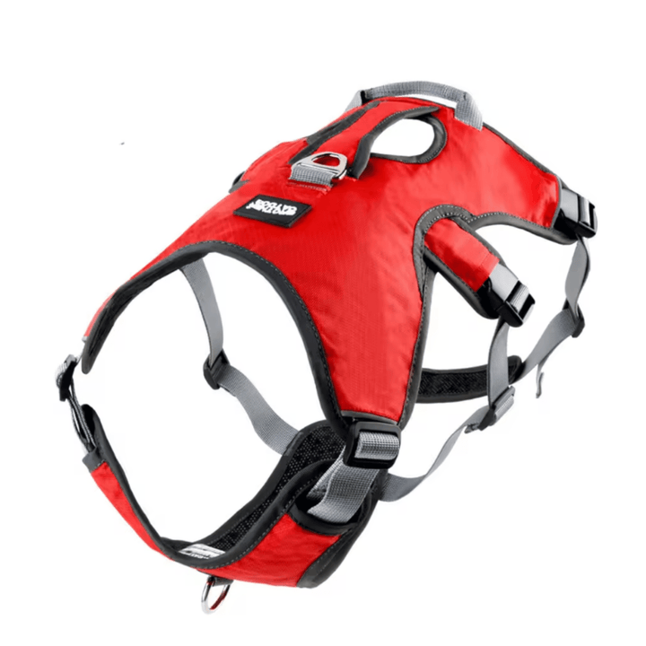 Black durable waterproof pet harness for large dogs, reflective strips, comfortable outdoor gear.