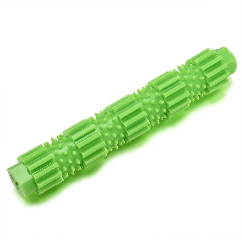 Close-up of durable dog chew toy, yellow, showing treat dispensing feature