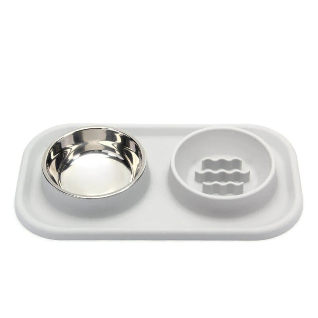 Overhead view of a gray pet slow feeder dual bowl, ideal for cats & dogs to prevent fast eating