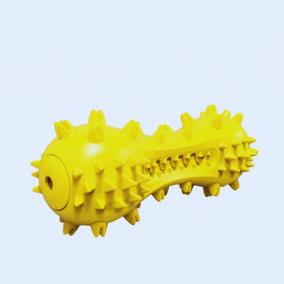 Close-up of a sturdy, blue spiked dog chew toy, with sound activation for pet enrichment and oral hygiene.
