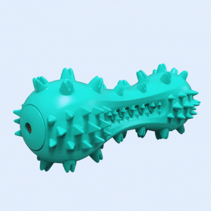 Canine play: a sound-activated spiked chew toy for dogs, fostering engagement and dental care benefits.