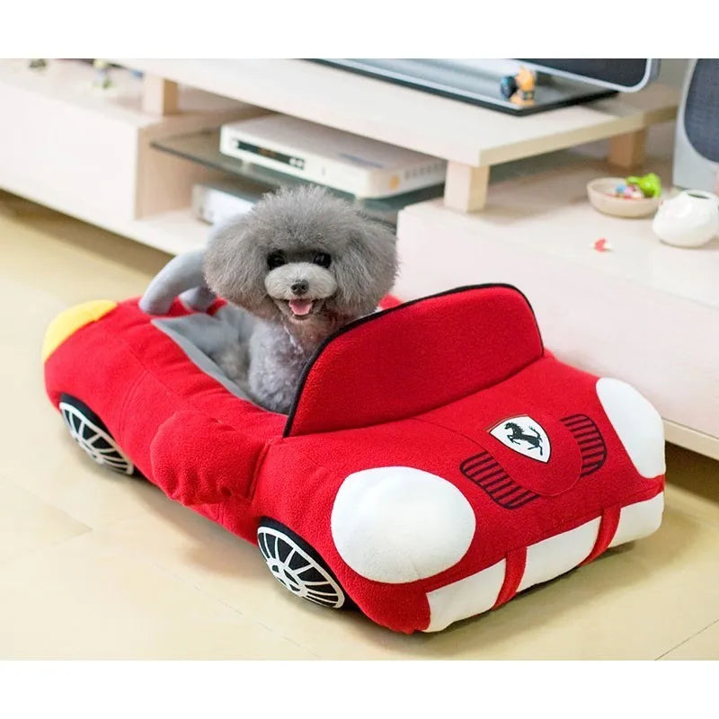 Red sports car design pet bed for small dogs & puppies, plush and comfortable