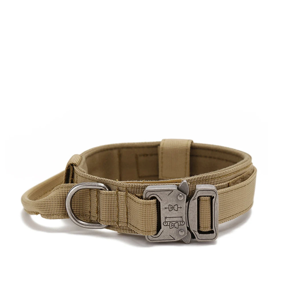 Green tactical large dog collar with quick-release buckle, reflective for outdoor safety
