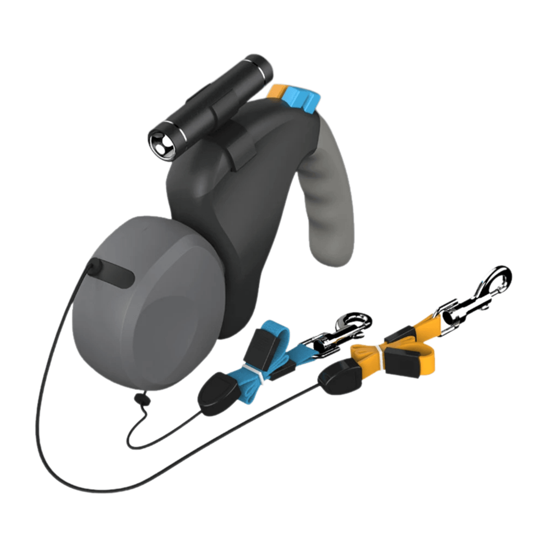 Close-up of black retractable double pet leash with comfortable handle for two dogs