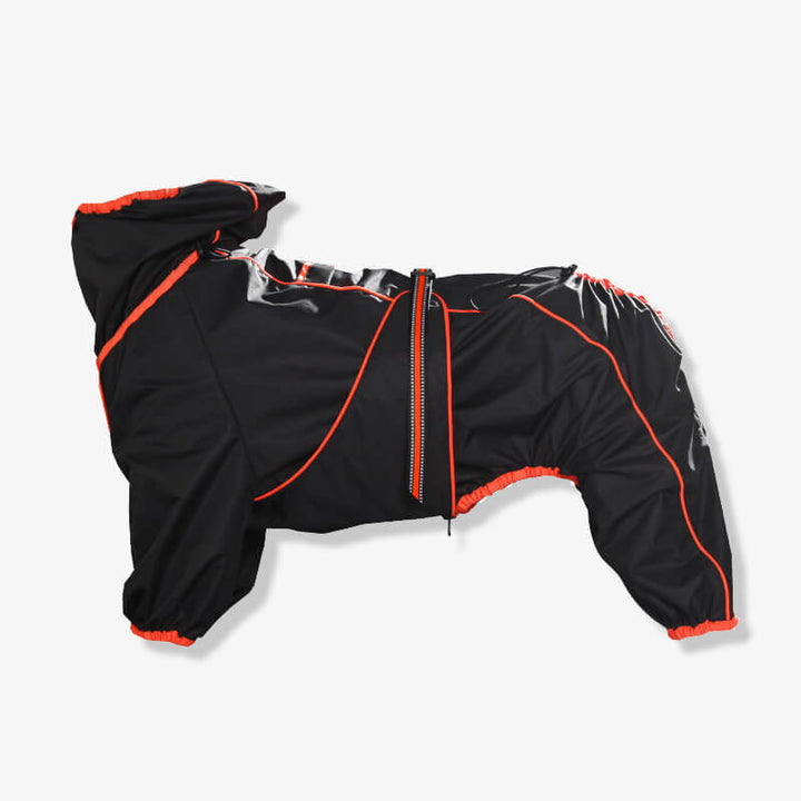 Back view of a dog in a blue waterproof pet jacket, demonstrating its full coverage and fit.