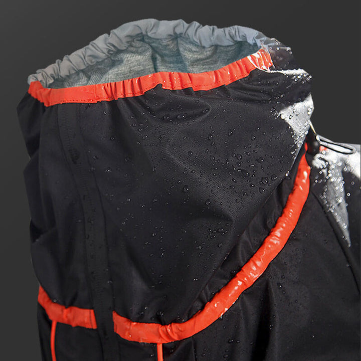 Waterproof dog coat in black, showing its adjustable design for various large dog breeds.