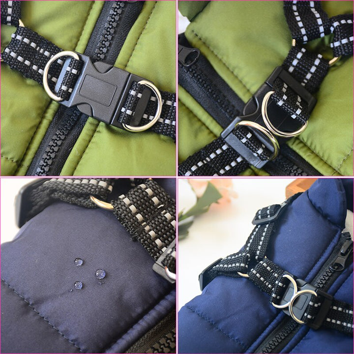 Black waterproof dog winter coat, durable pet jacket for cold weather, essential dog gear.