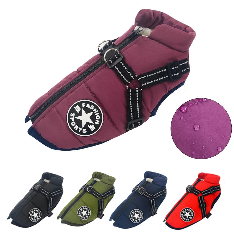 Blue dog winter padded harness jacket, durable pet coat for outdoor adventures