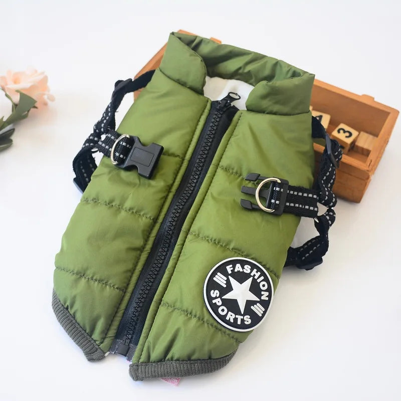 Warm brown padded dog coat with integrated harness, designed for winter protection