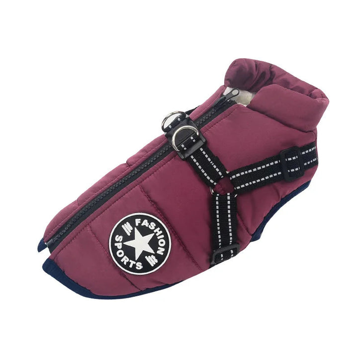 Grey waterproof dog vest with harness, essential cold weather gear for dogs