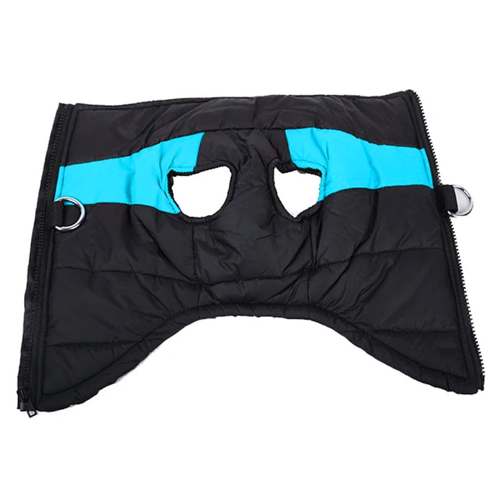 Black waterproof pet jacket with reflective trim, providing warmth for dogs and cats