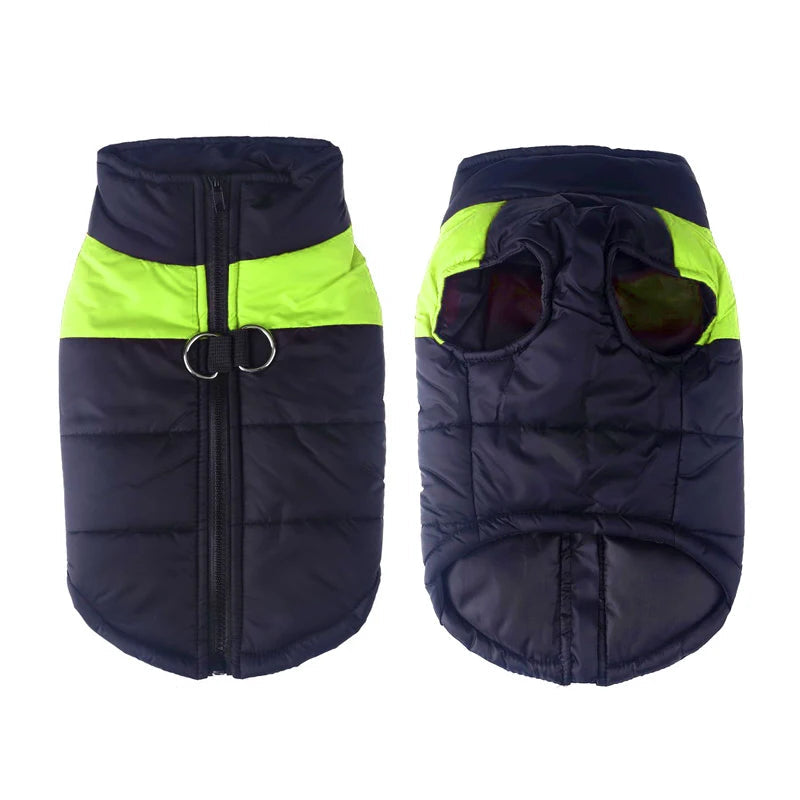Group of various colored waterproof insulated pet coats, warm winter apparel for dogs & cats