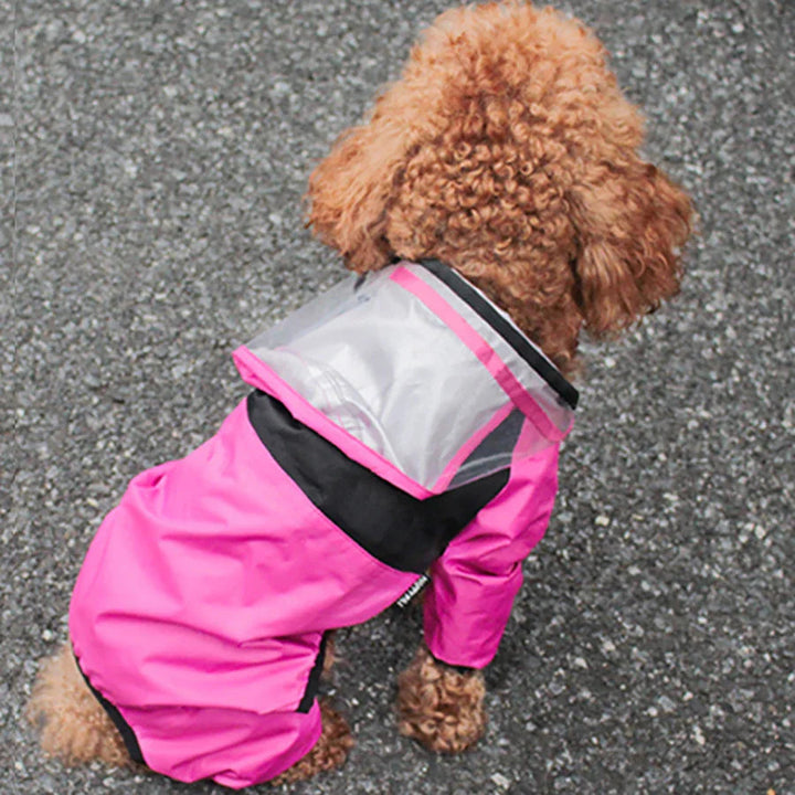 Red waterproof pet raincoat with hoodie, perfect for small to large dogs. All-weather dog apparel.