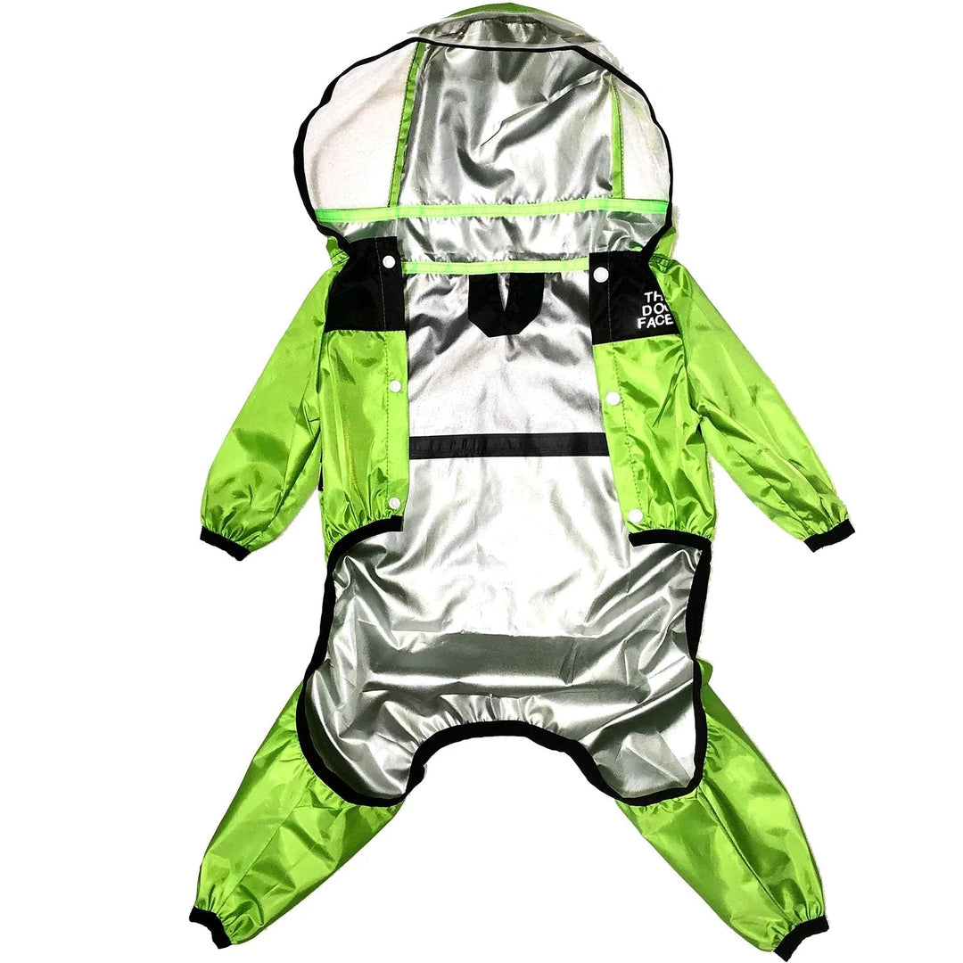 Unisex yellow hooded waterproof dog raincoat, ideal pet rain gear for all breeds.